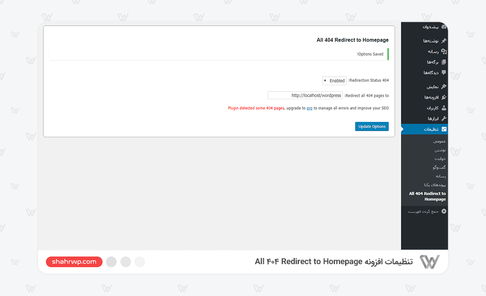 تنظیمات افزونه All 404 Redirect to Homepage