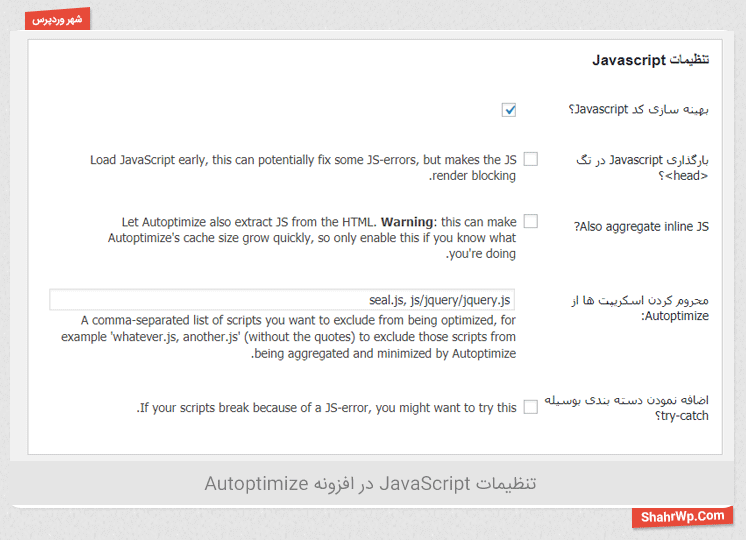 تنظیمات JavaScript در افزونه Autoptimize