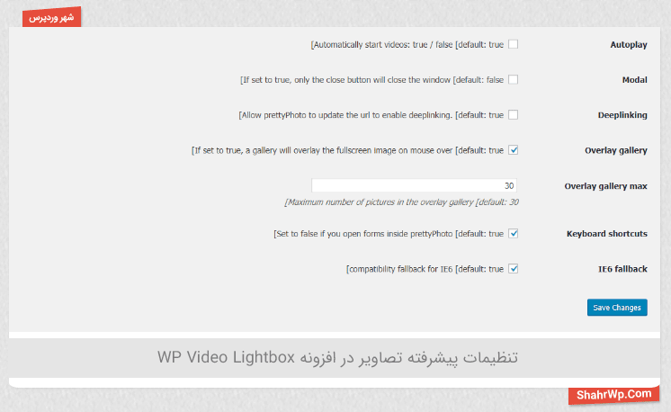 تنظیمات پیشرفته 03 افزونه WP Video Lightbox