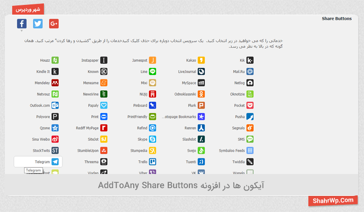 آیکون ها در افزونه AddToAny Share Buttons