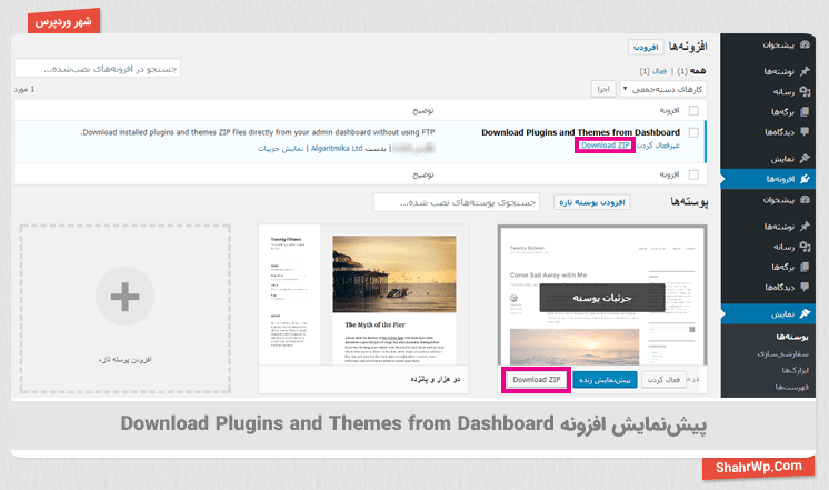 پیش نمایش افزونه Download Plugins and Themes from Dashboard