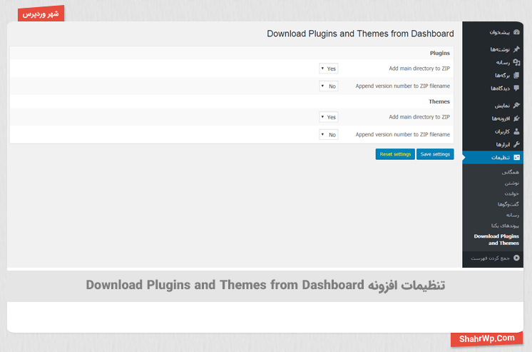 تنظیمات افزونه Download Plugins and Themes from Dashboard